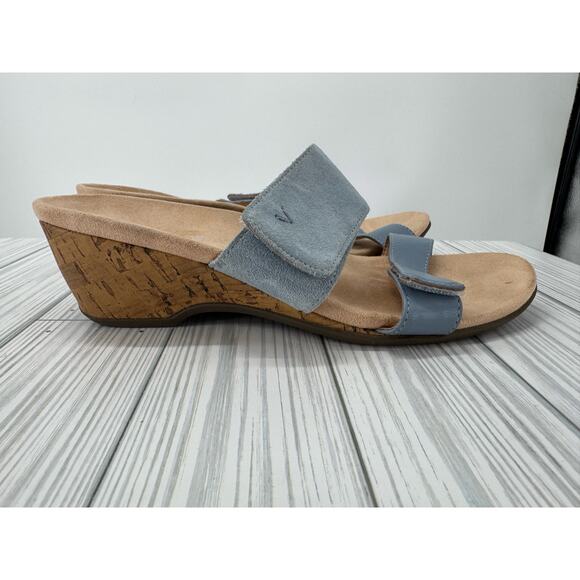 Vionic Bayu Slide Sandals Women's Sz 7 Blue Suede Adjustable Comfort Wedge Shoes - Picture 2 of 7